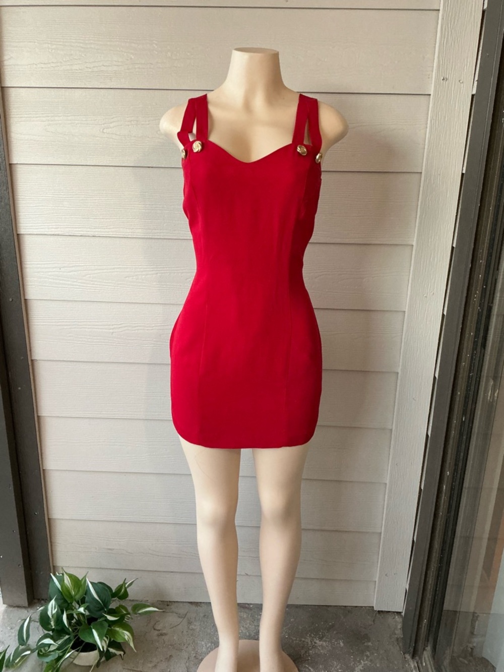 Rampage Red Bodycon Mini Dress with Gold Button-Straps